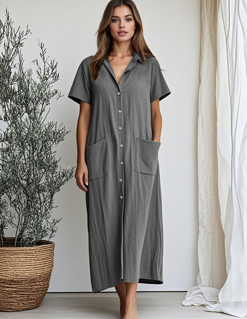 Gray cotton shirt dress with short sleeves, button front, collar, and patch pockets.