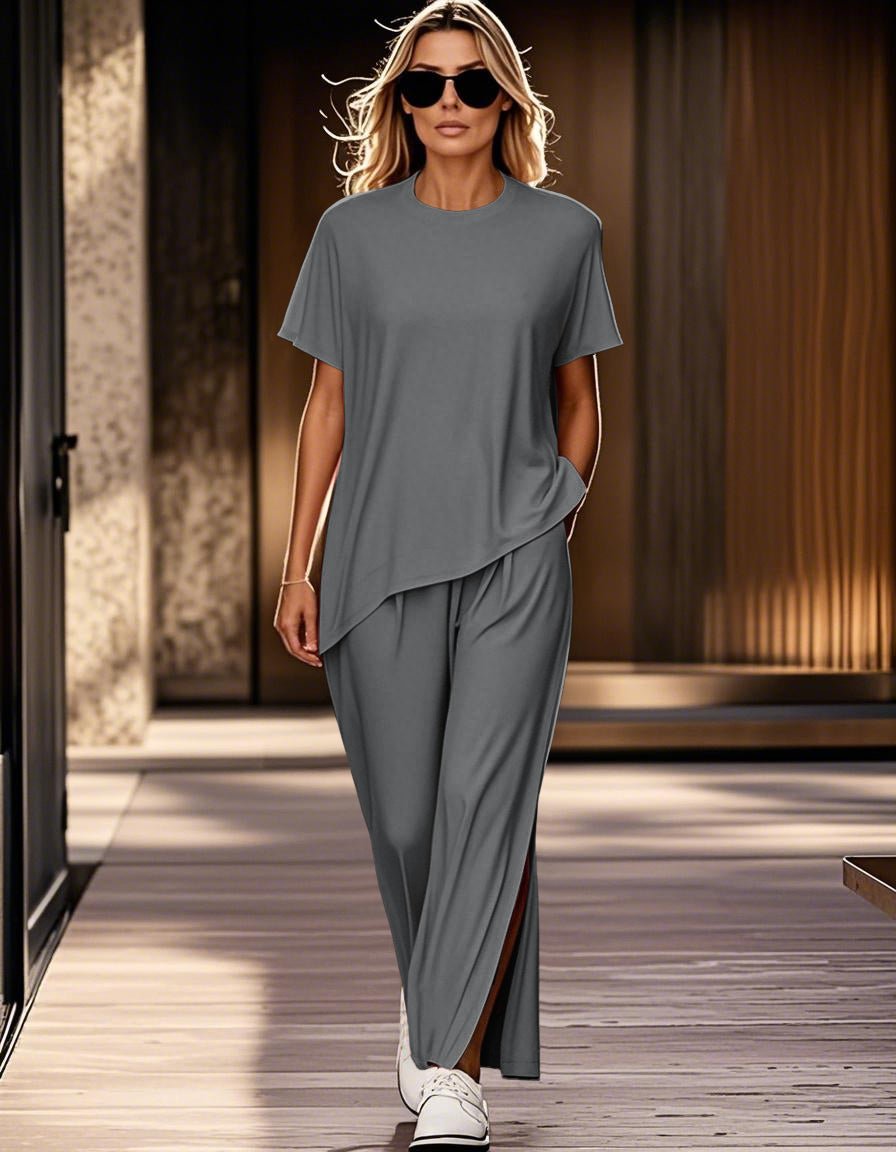 Gray irregular-hem top and matching pants set with short sleeves and draped front
