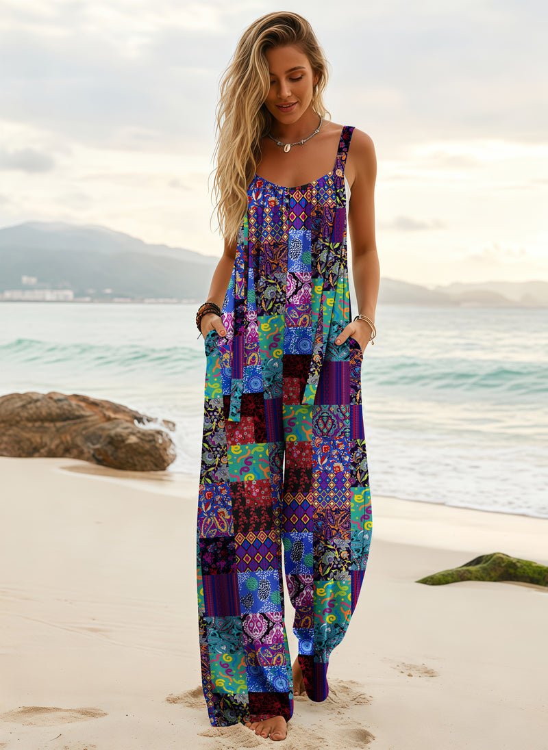 Bunter Patchwork-Jumpsuit mit weiten Beinen, Trägern und Ornament-Print in Blau, Pink, Grün