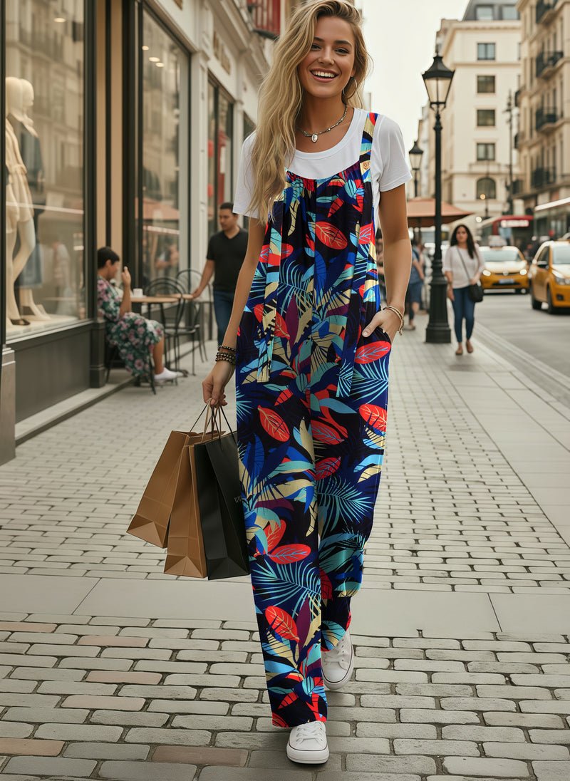 Weitebeiniger Jumpsuit mit dünnen Trägern und Tropenblatt-Print in Blau, Rot