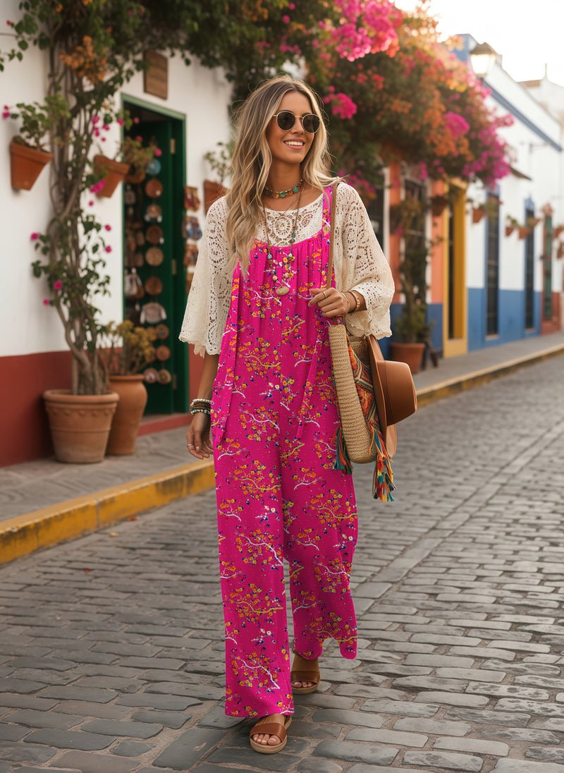 Hot pink floral wide-leg jumpsuit with adjustable straps, loose comfortable fit