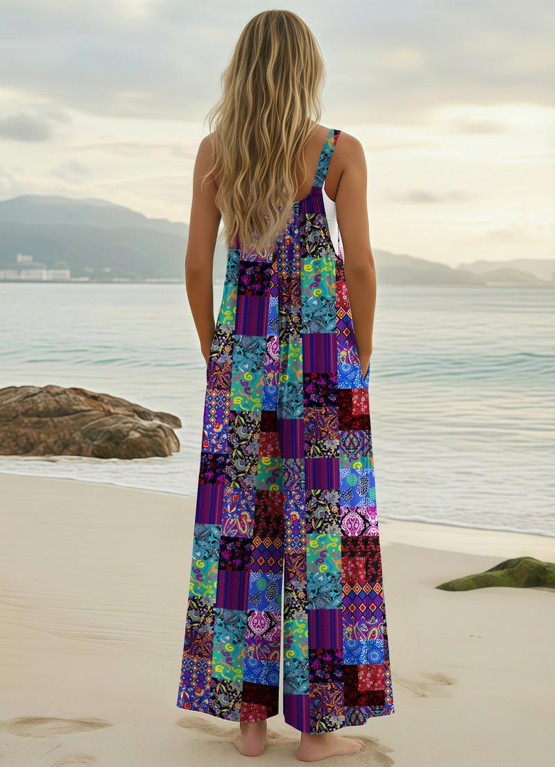 Multicolor patchwork wide-leg jumpsuit with adjustable straps, loose boho style