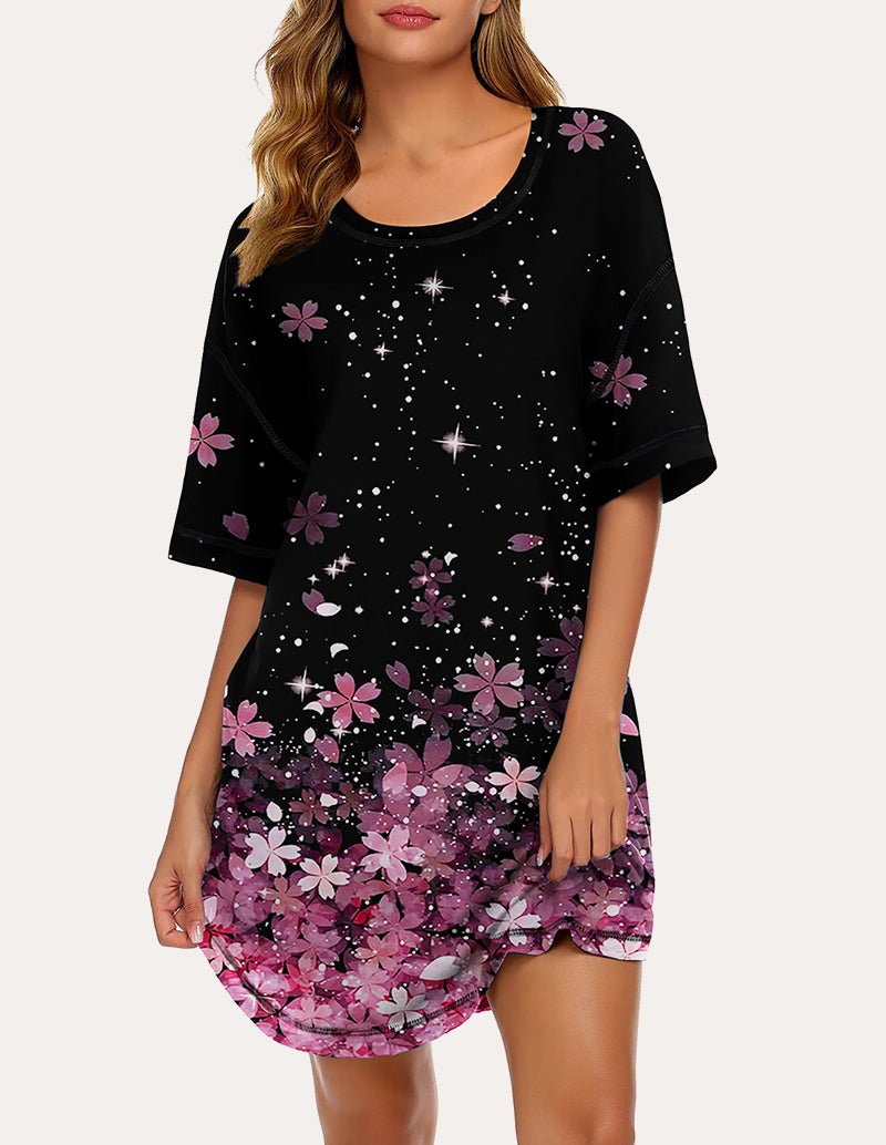 Black oversized T-shirt nightgown with pink floral and star print, crew neckline trim