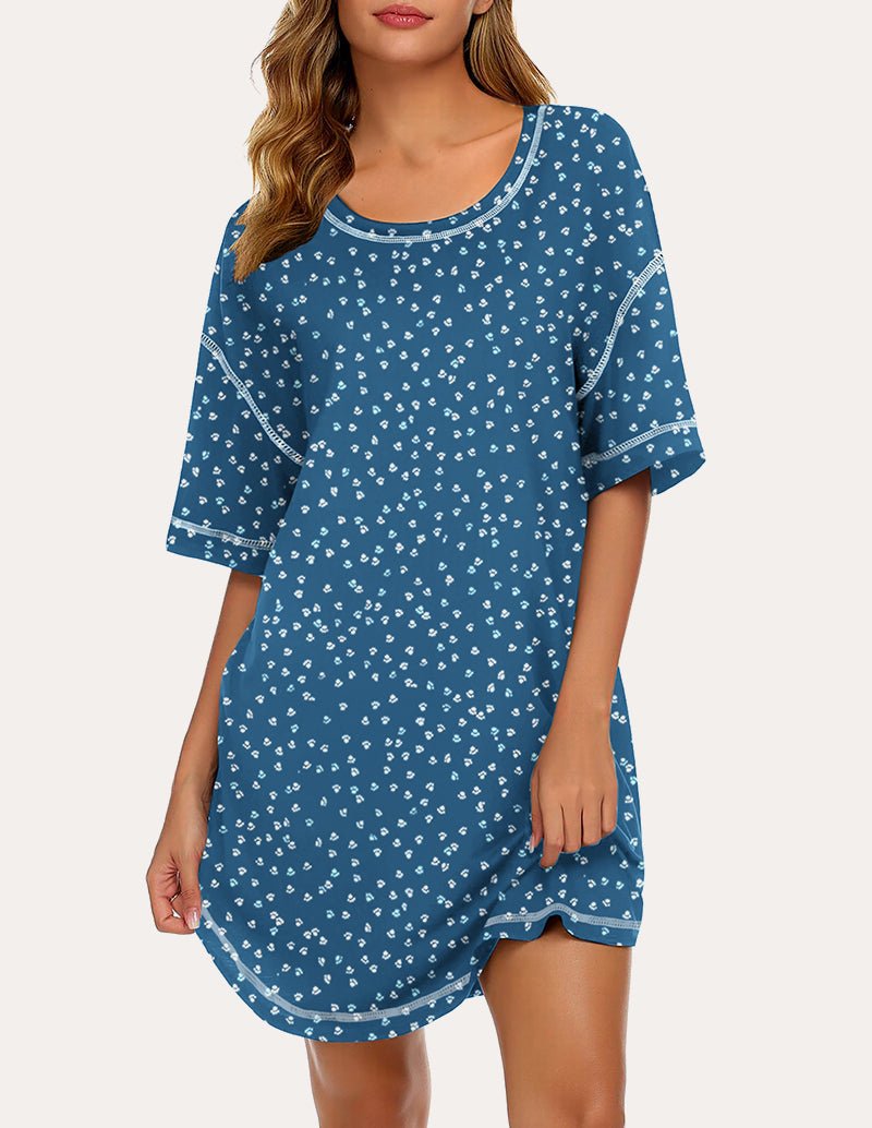 Blue patterned oversized T-shirt nightgown with small white print and white-trim neckline