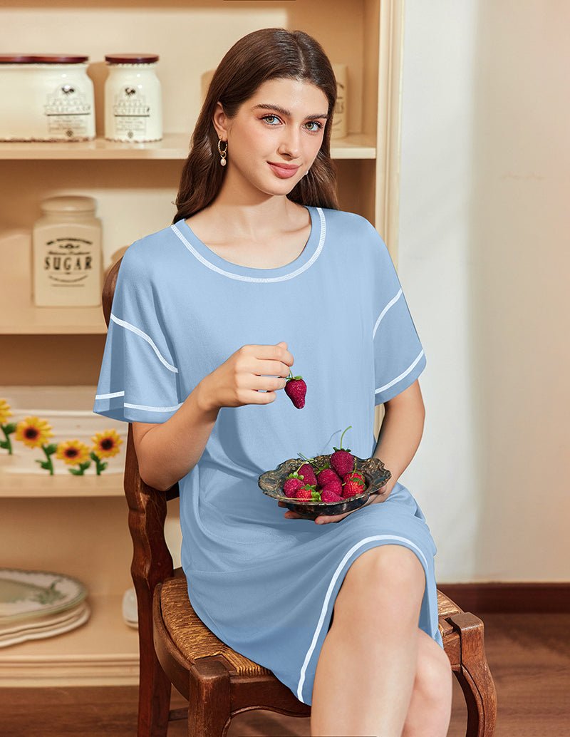 Light blue oversized T-shirt nightgown with white-trim crew neck and relaxed short-sleeve fit
