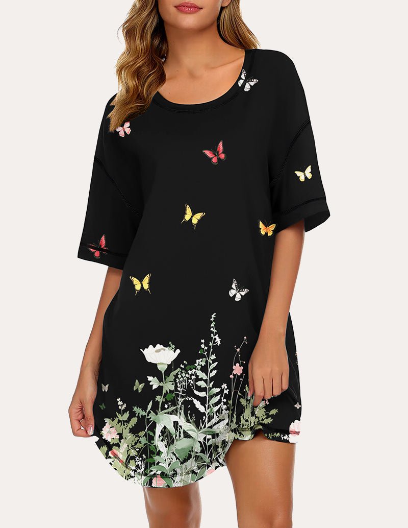 Black oversized T-shirt nightgown with colorful butterfly print and white floral accents