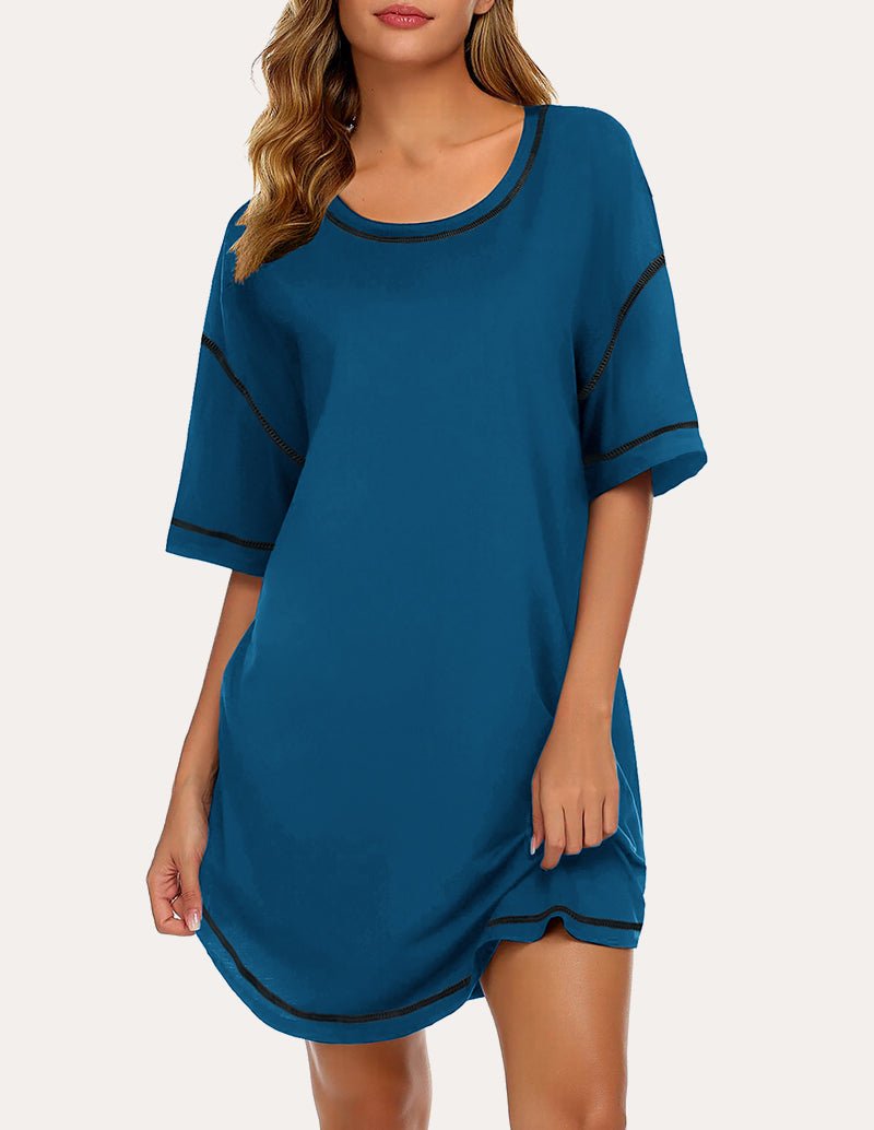 Blue oversized T-shirt nightgown with dark blue trim at crew neck and short sleeves