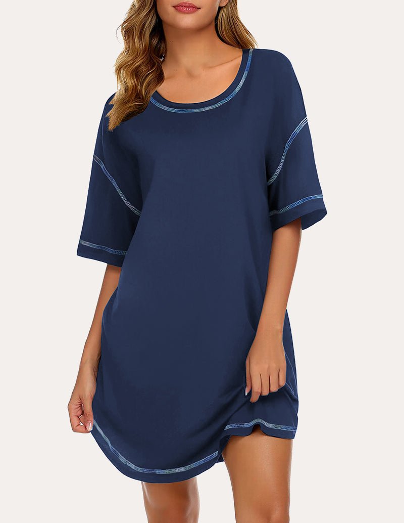 Navy blue oversized T-shirt nightgown with light blue trim at crew neck and sleeves