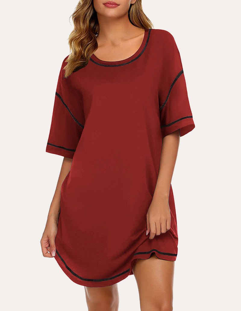 Wine red oversized T-shirt nightgown with dark trim crew neck and short sleeves