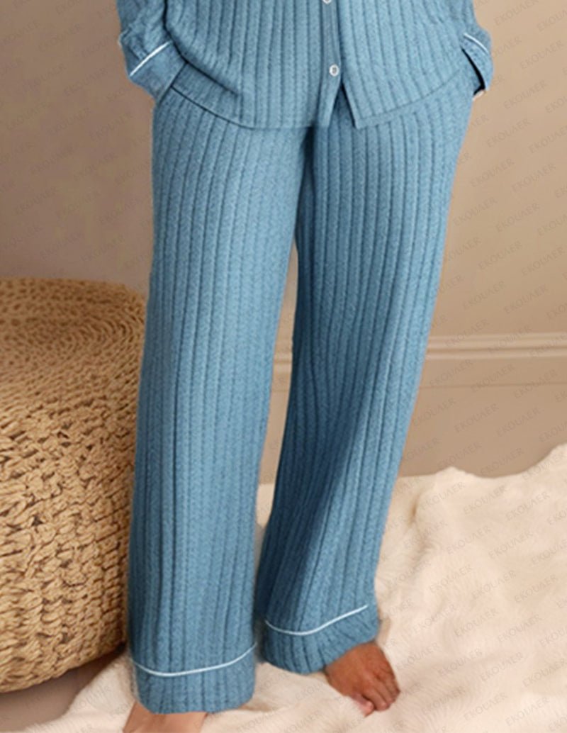 Blue pit-striped pajama pants with contrast piping at hems