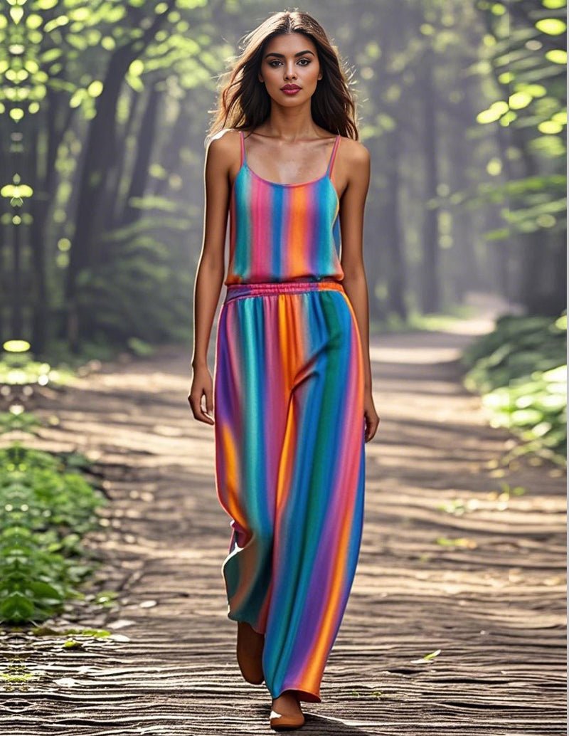 Rainbow striped cami and long pants set, multicolor, spaghetti straps, elastic waist