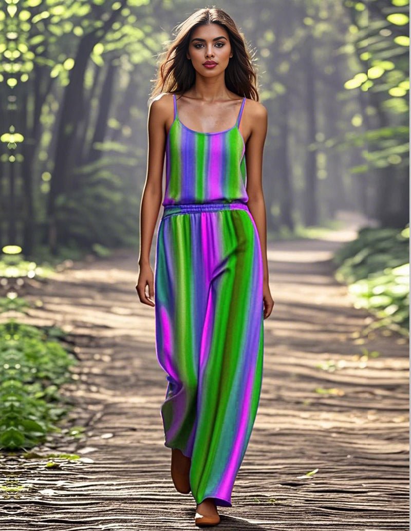 Rainbow striped cami and maxi pants set, multicolor, scoop neck, elastic waist