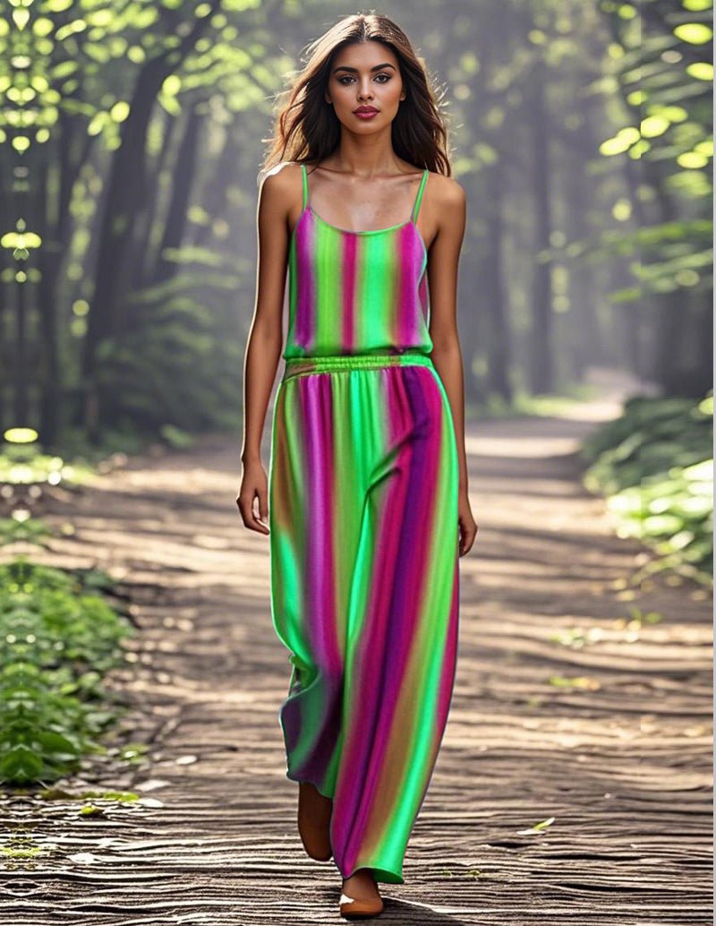 Rainbow striped camisole and maxi pants set with elastic waist, multicolor