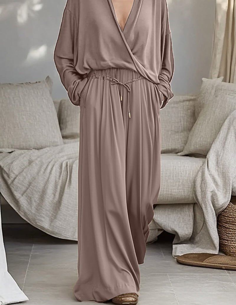 Mauve 2-piece set: V-neck wrap top and matching drawstring wide-leg pants