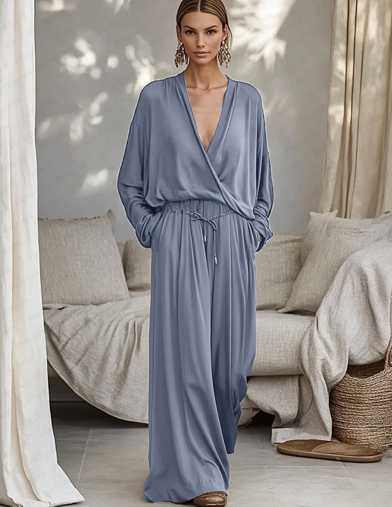 Flowing 2-piece set in dusty blue: V-neck wrap top with drawstring wide-leg pants