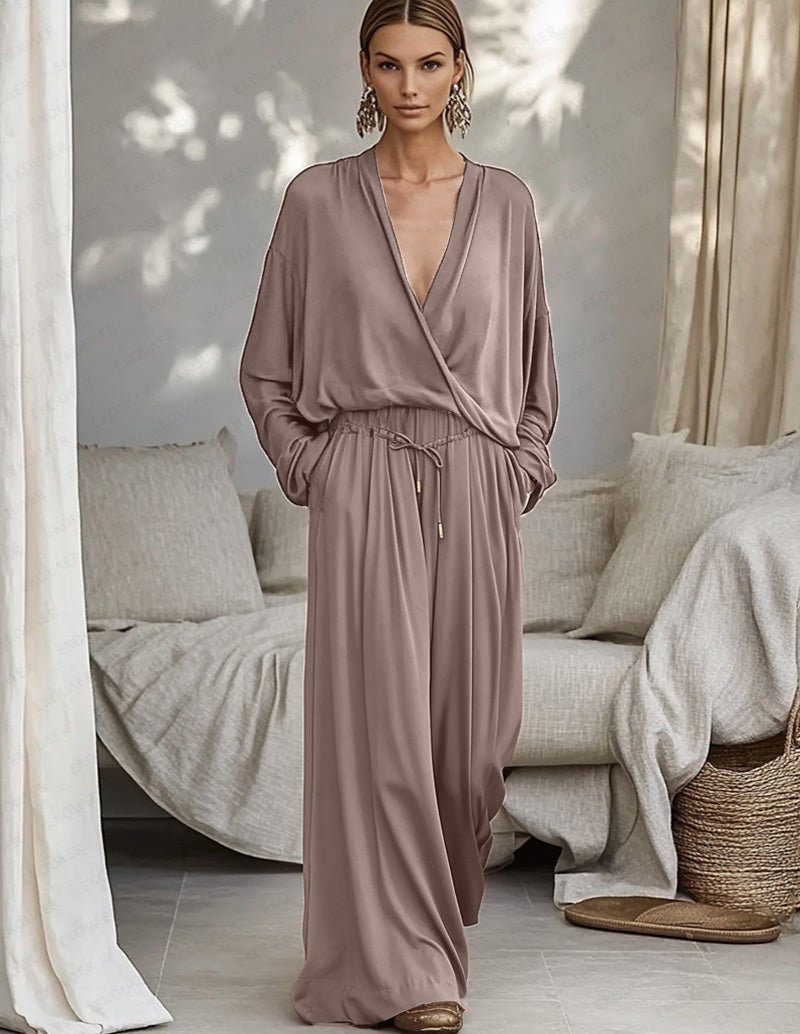 Flowing 2-piece set in mauve: V-neck wrap top and matching drawstring wide-leg pants