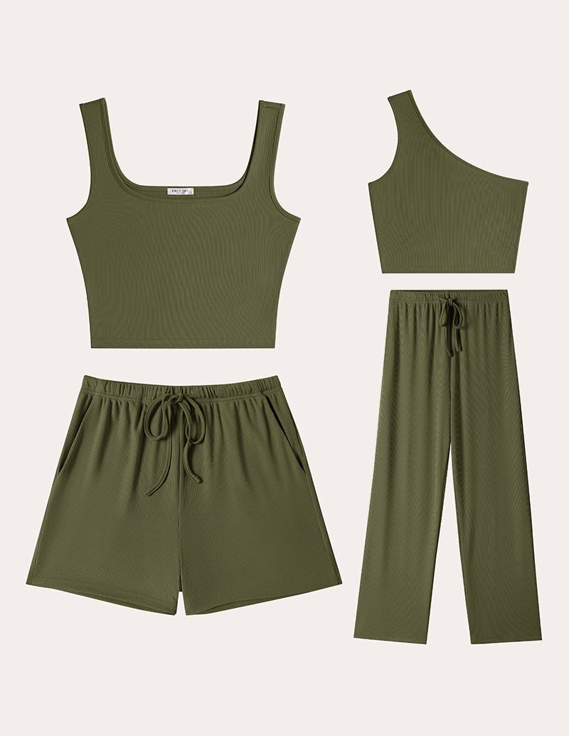 Army green ribbed knit crop tank top with drawstring shorts and wide-leg pants set