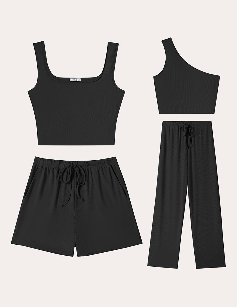 Black ribbed knit crop camisole set: drawstring shorts and wide-leg pants