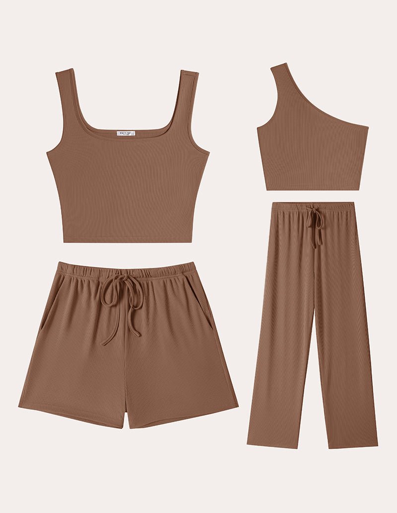 Brown ribbed knit crop camisole set: drawstring shorts and wide-leg pants