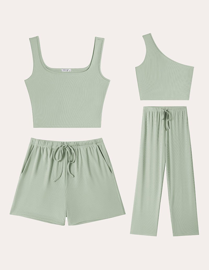Light green ribbed knit crop tank top with drawstring shorts and wide-leg pants set