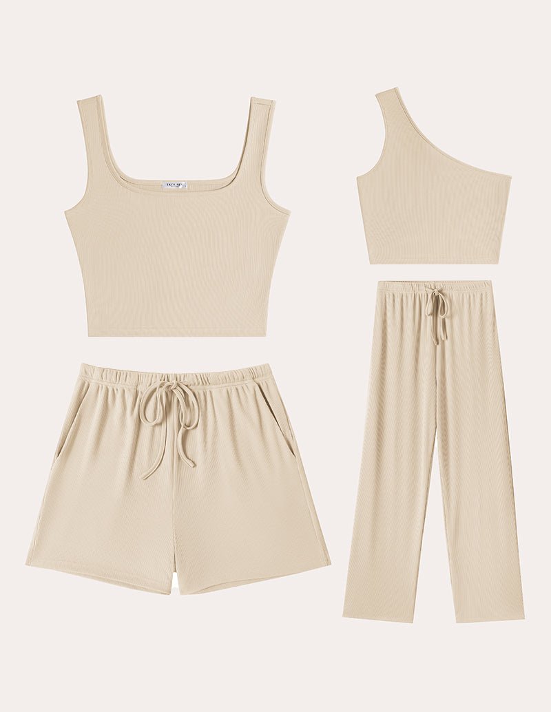 Light khaki ribbed knit crop camisole set: drawstring shorts and wide-leg pants
