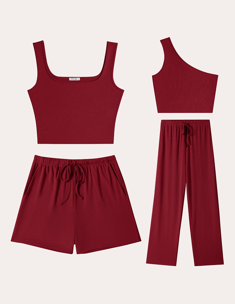 Wine red ribbed knit crop camisole set: drawstring shorts and wide-leg pants