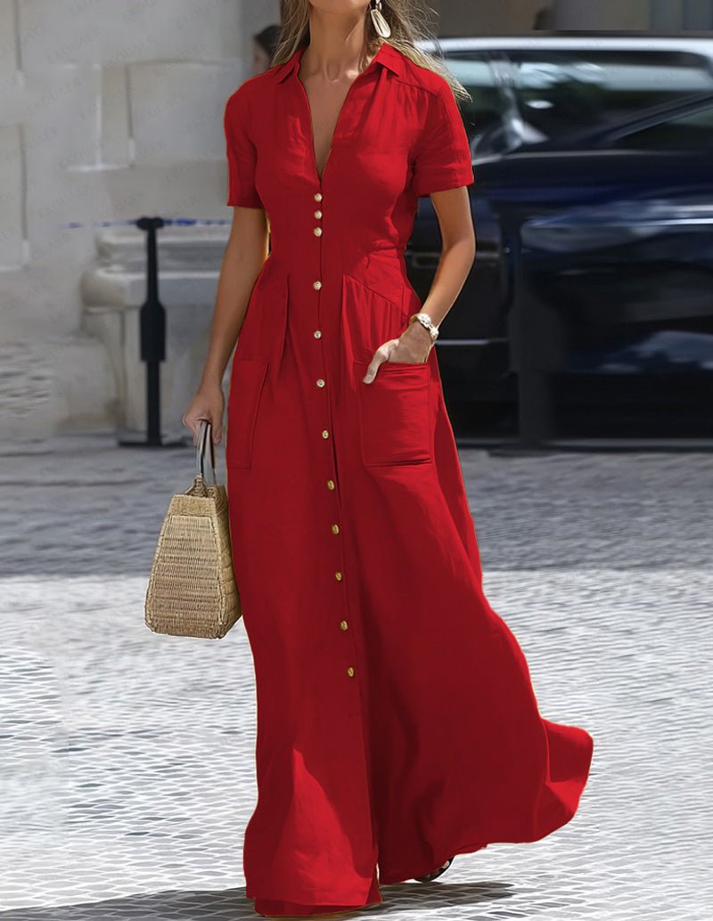 Red maxi shirt dress with collar, short sleeves, and button-front; side pockets.
