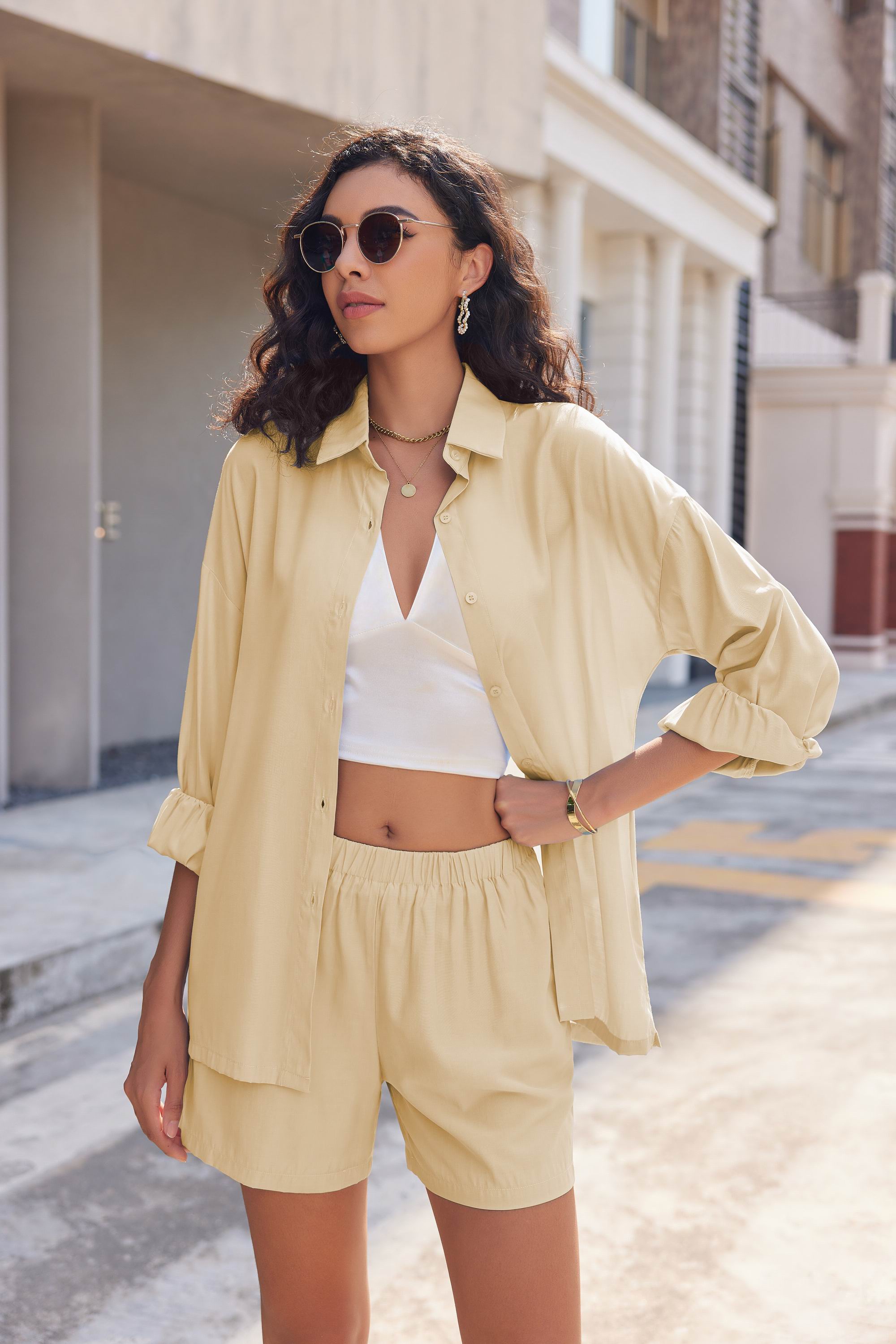 Apricot two-piece lounge set: button-up shirt and elastic-waist shorts