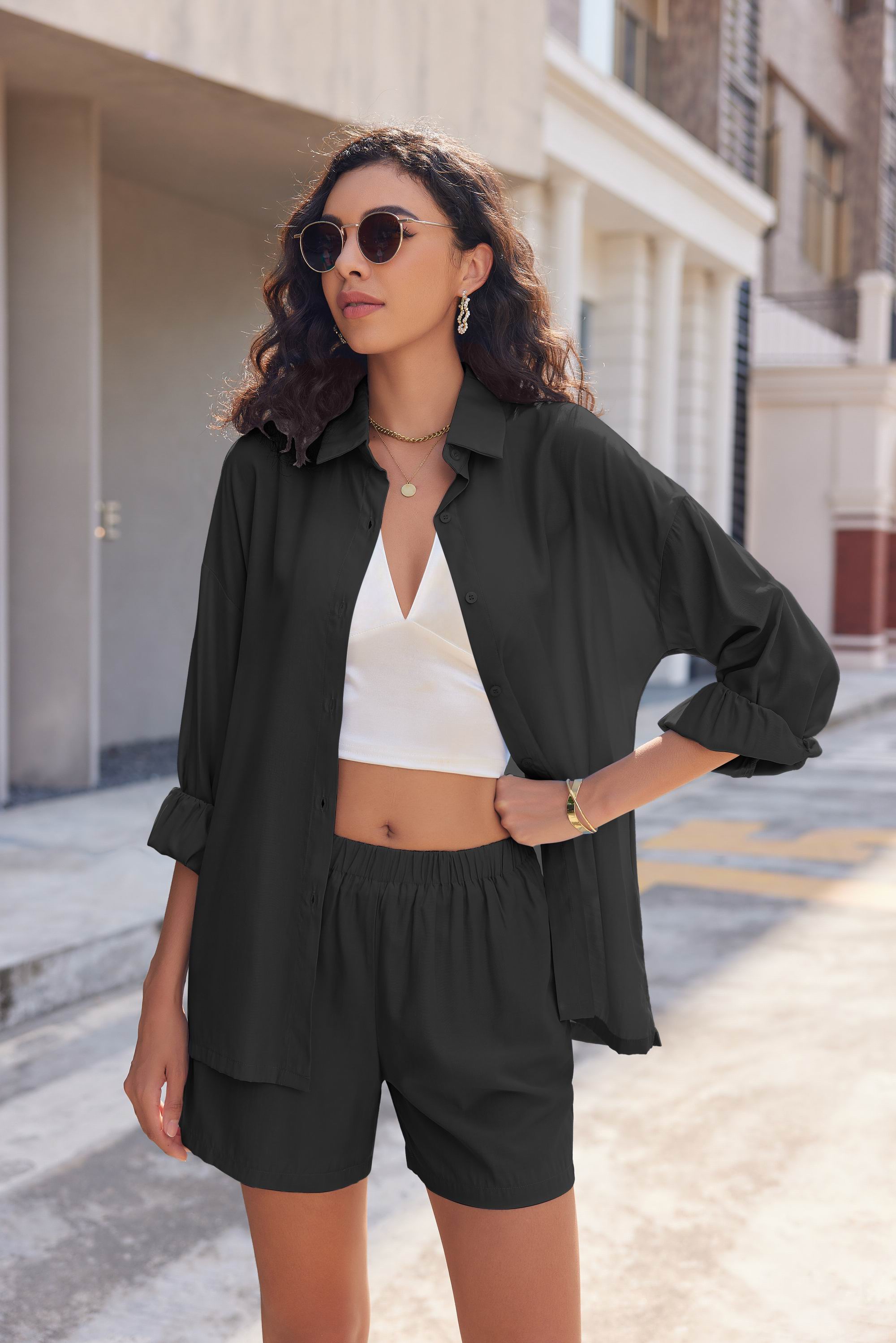 Black two-piece lounge set: button-up shirt and elastic-waist shorts