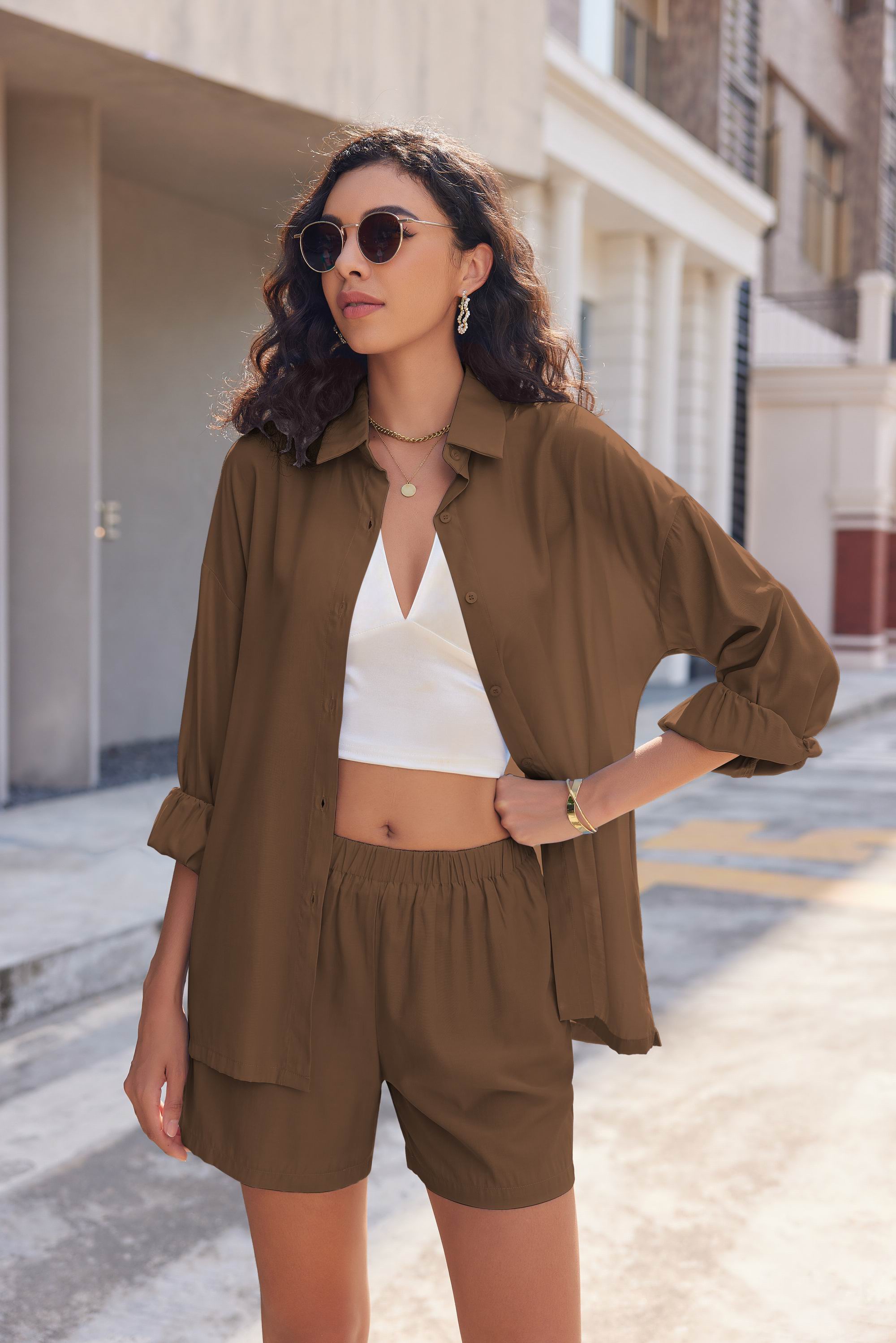 Brown two-piece lounge set: button-up shirt and elastic-waist shorts