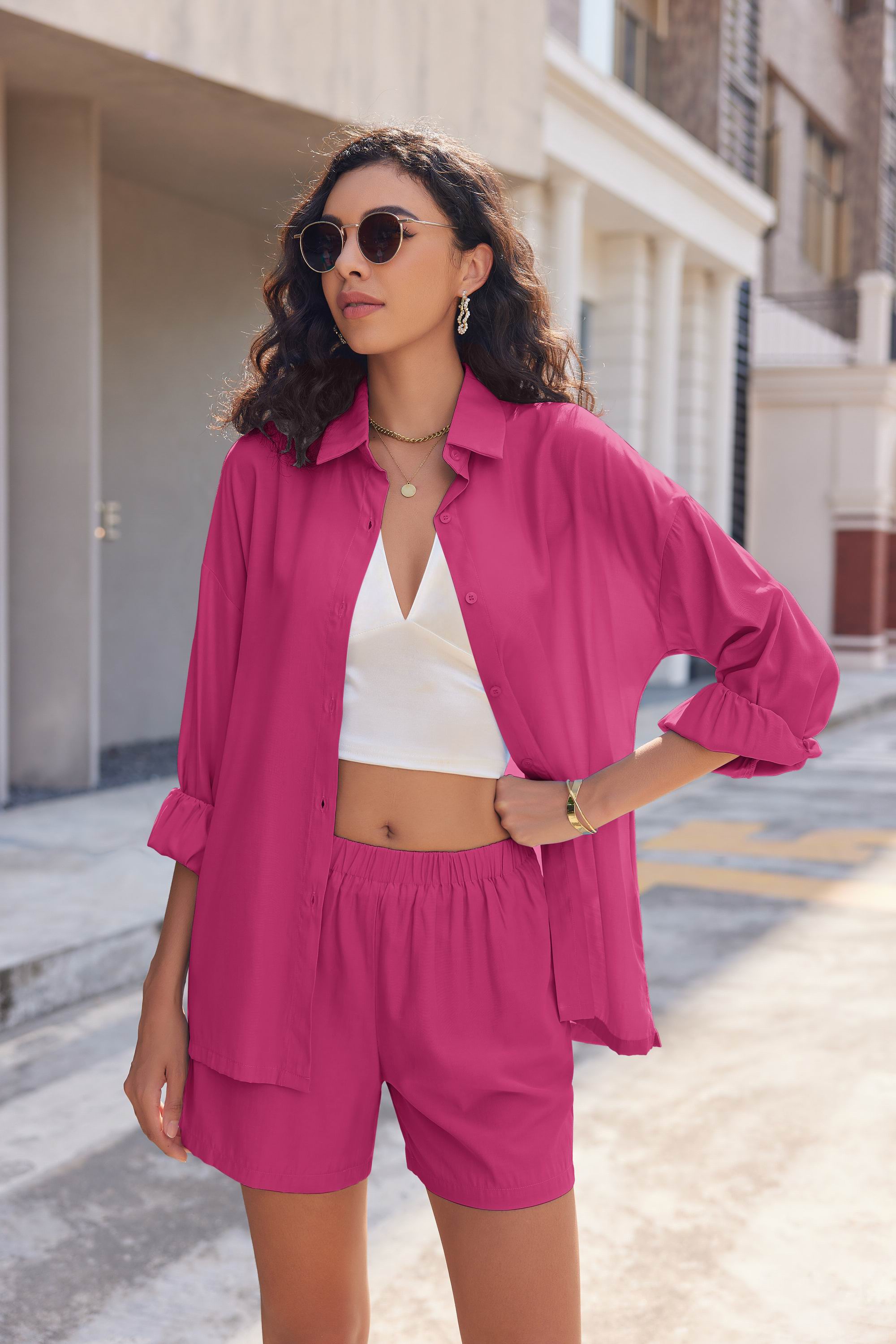 Rose red two-piece lounge set: button-up shirt and elastic-waist shorts
