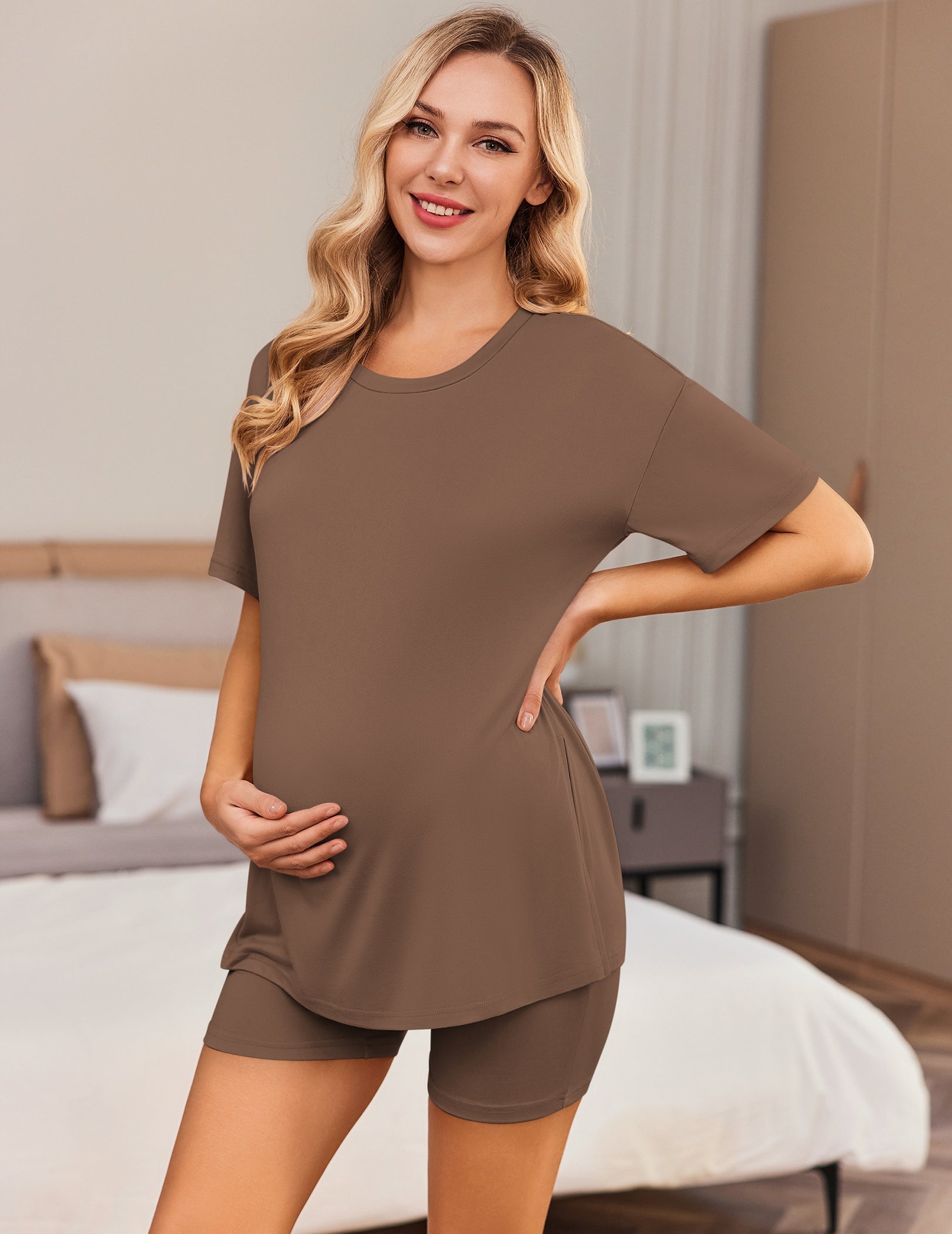 Brown tunic-style short-sleeve top with matching biker shorts set