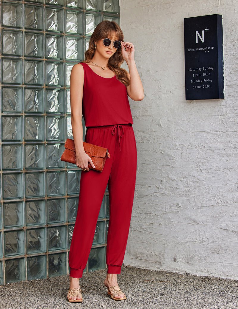 Ärmelloser Romper-Jumpsuit mit Bindeband, lange Hose, weinrot