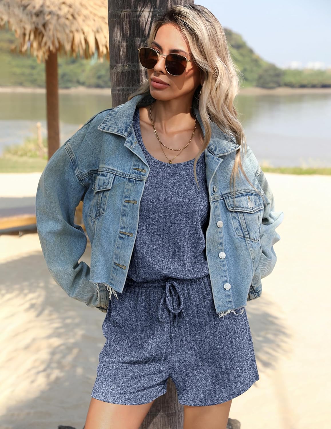 Ekouaer ribbed sleeveless scoop-neck jumpsuit with drawstring waist, dark blue