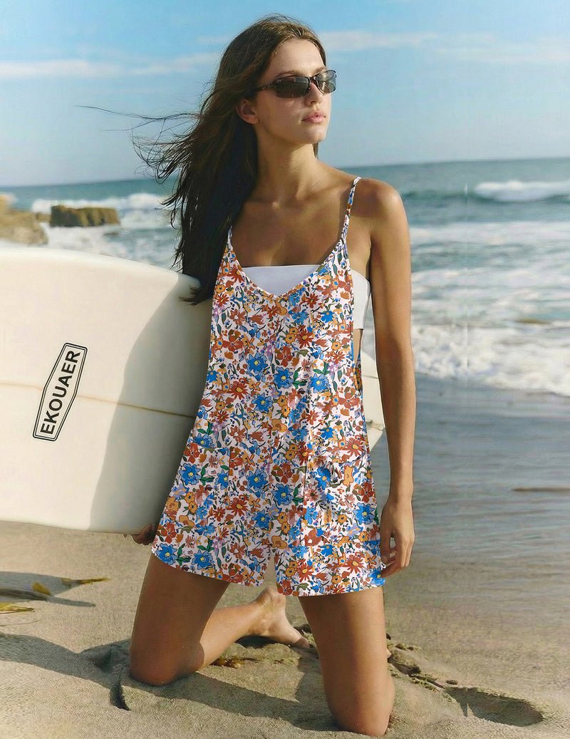 Boho strap short romper, white base floral print, thin straps and V-neck