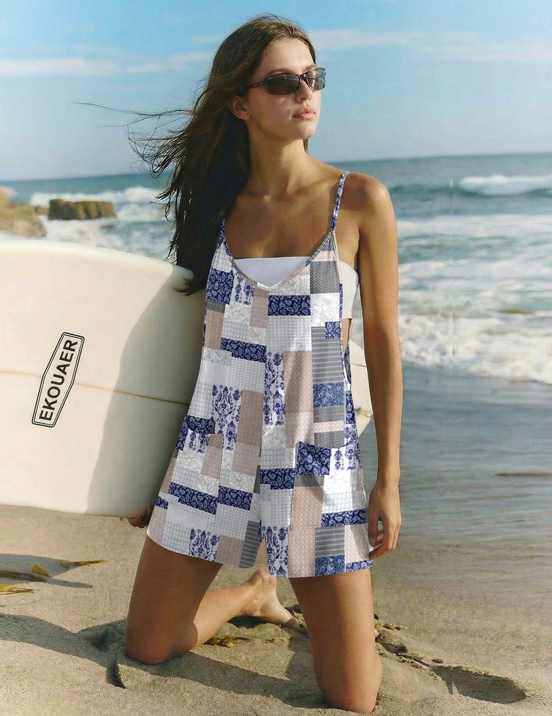 Blau-weißer Patchwork Jumpsuit mit Trägern und V-Ausschnitt, ärmellos, kurz