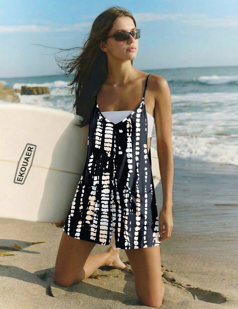 Black tie-dye stripe strap short romper, sleeveless V-neck, loose short overall style
