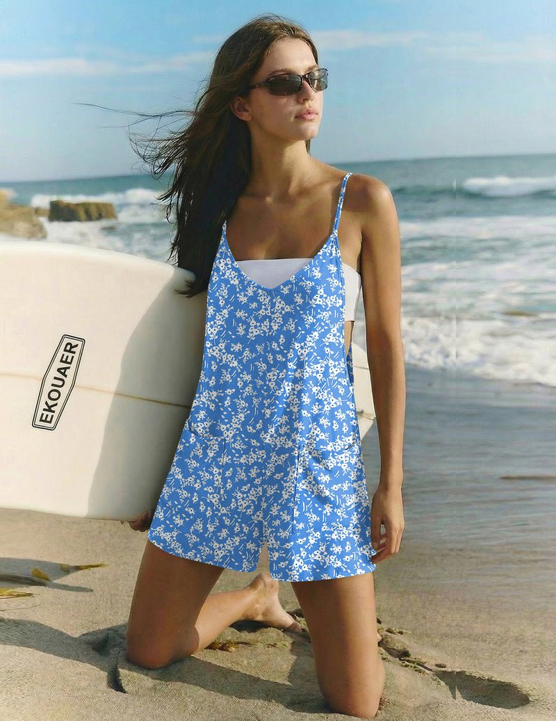 Blue floral strap short romper, sleeveless V-neck, loose short overall style