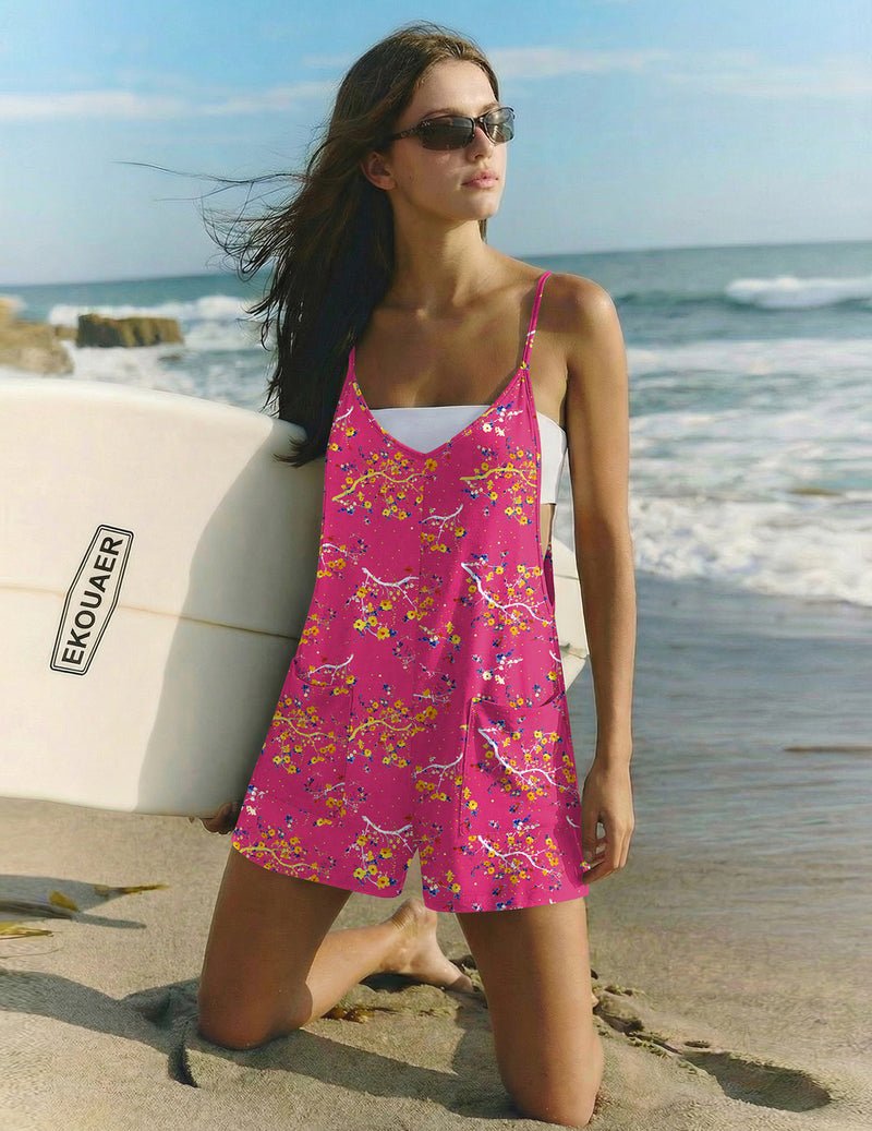 Pink floral strap short romper, sleeveless V-neck, loose short overall style