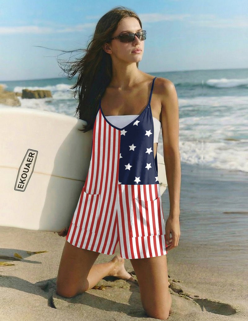 Jumpsuit mit Flaggenprint, Trägern und V-Ausschnitt, ärmellos, kurze Länge