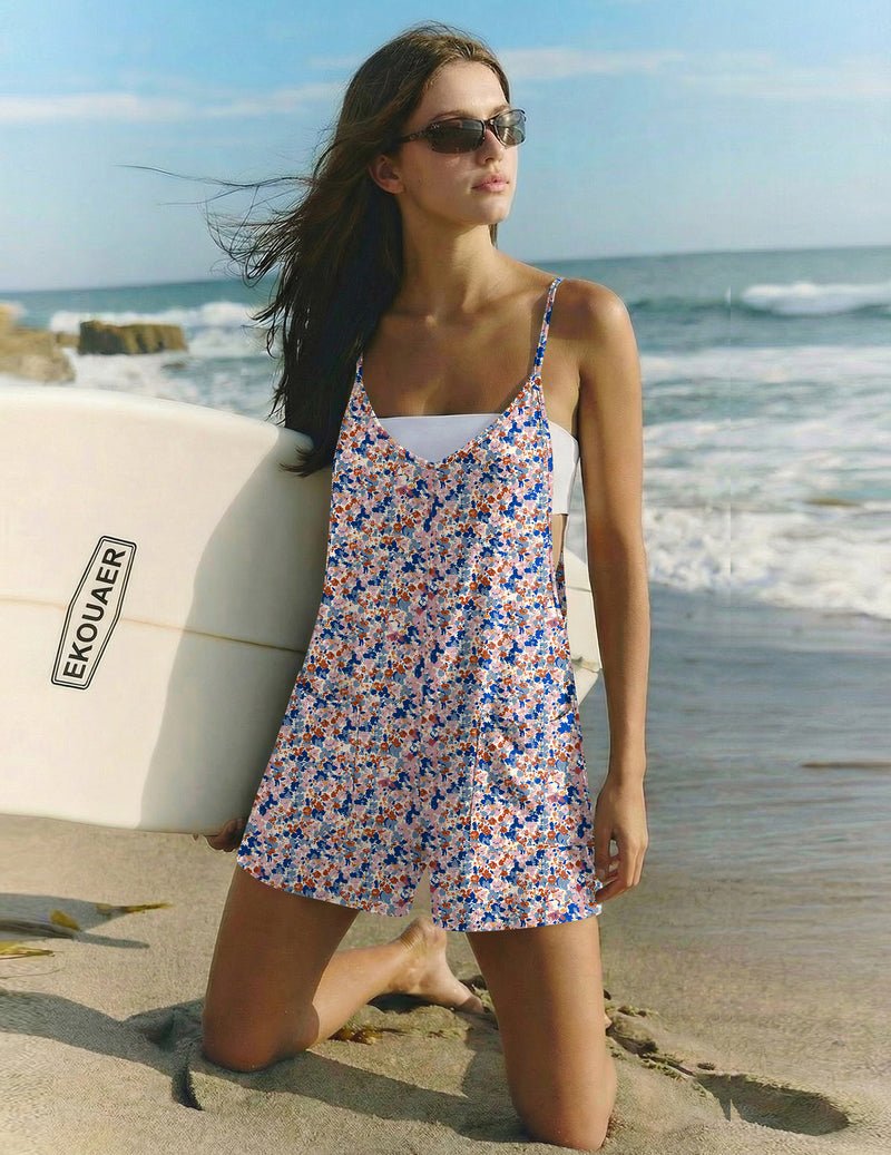 Boho strap short romper, light base with colorful floral pattern, V-neck and thin straps