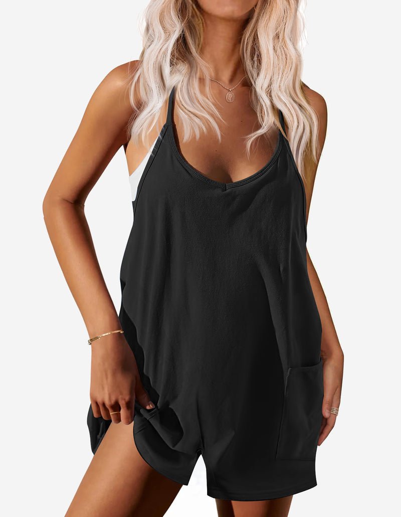 Black sleeveless romper with V-neck straps and side pocket