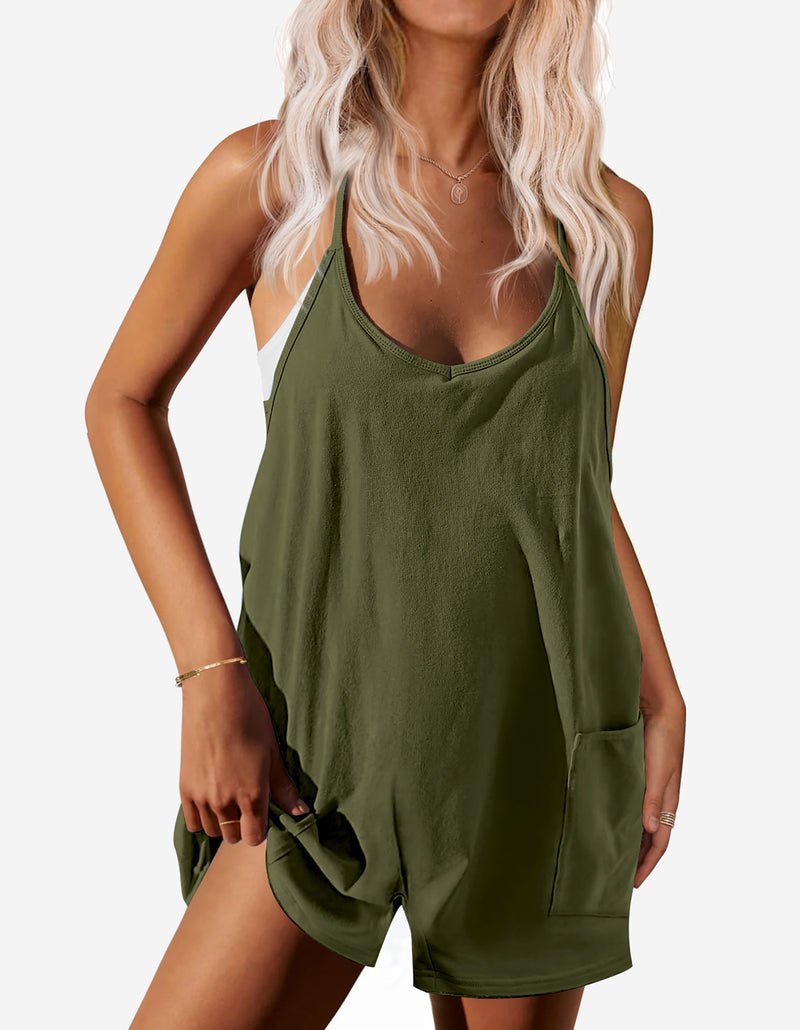Olive green sleeveless romper with V-neck straps and side pocket