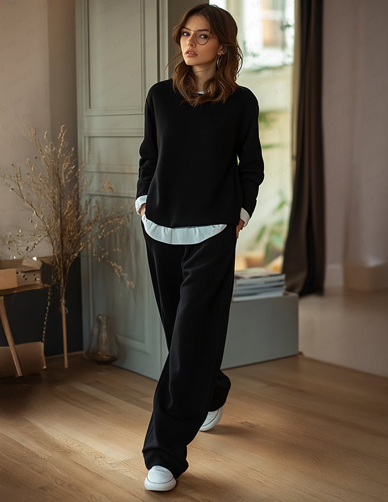 Black lounge set with long-sleeve pullover and matching joggers