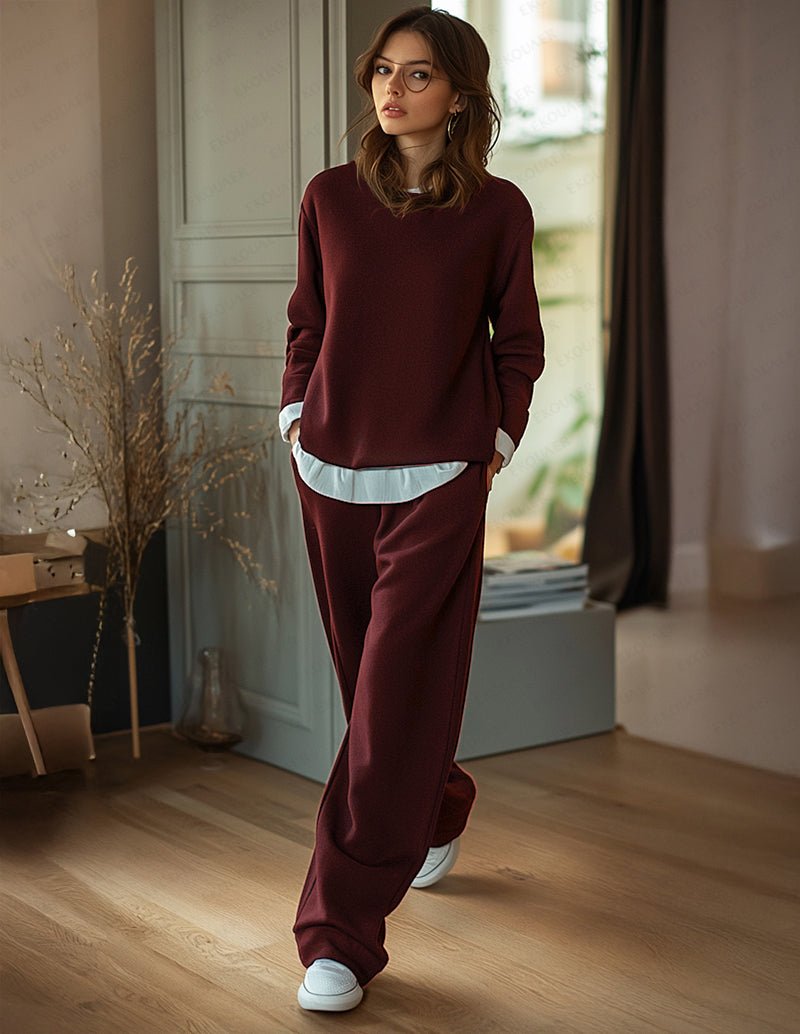Wine red lounge set with long-sleeve pullover and matching joggers
