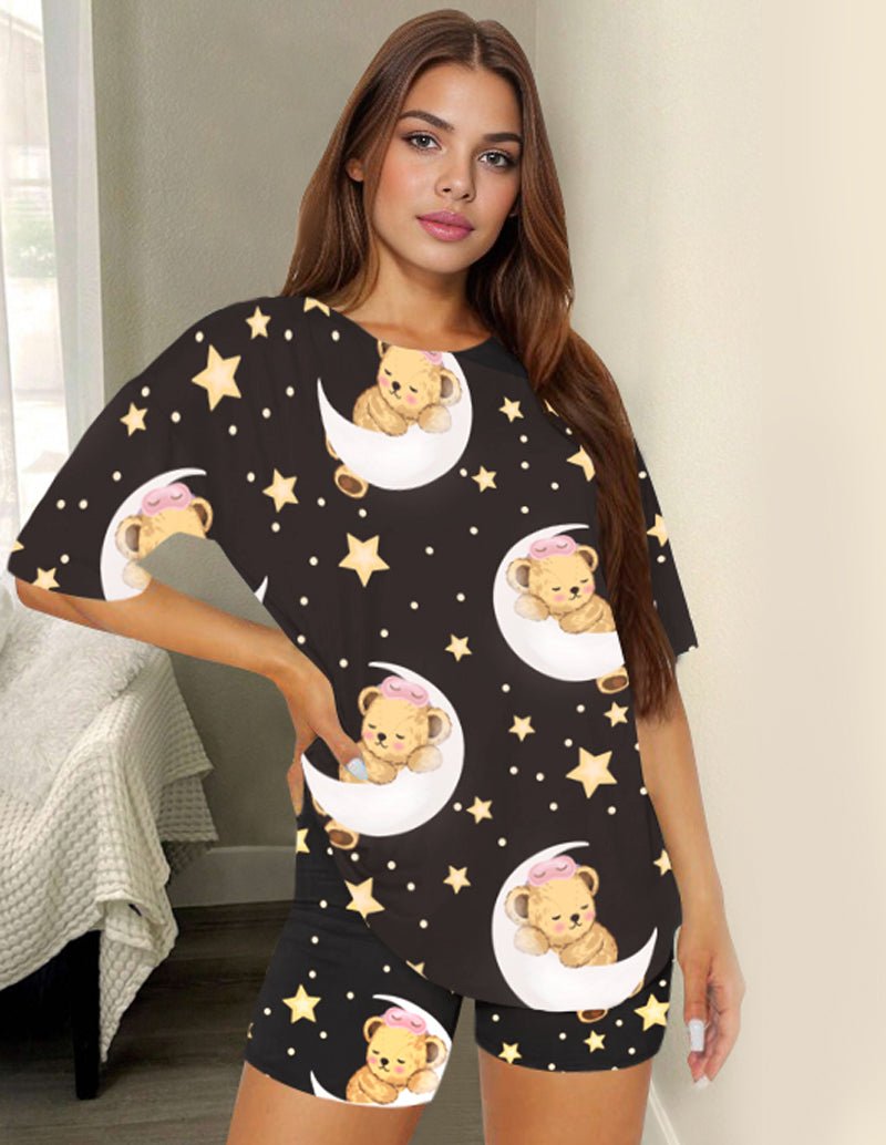 Kids teddy bear print t-shirt and shorts set, black with stars, moons, and teddy faces