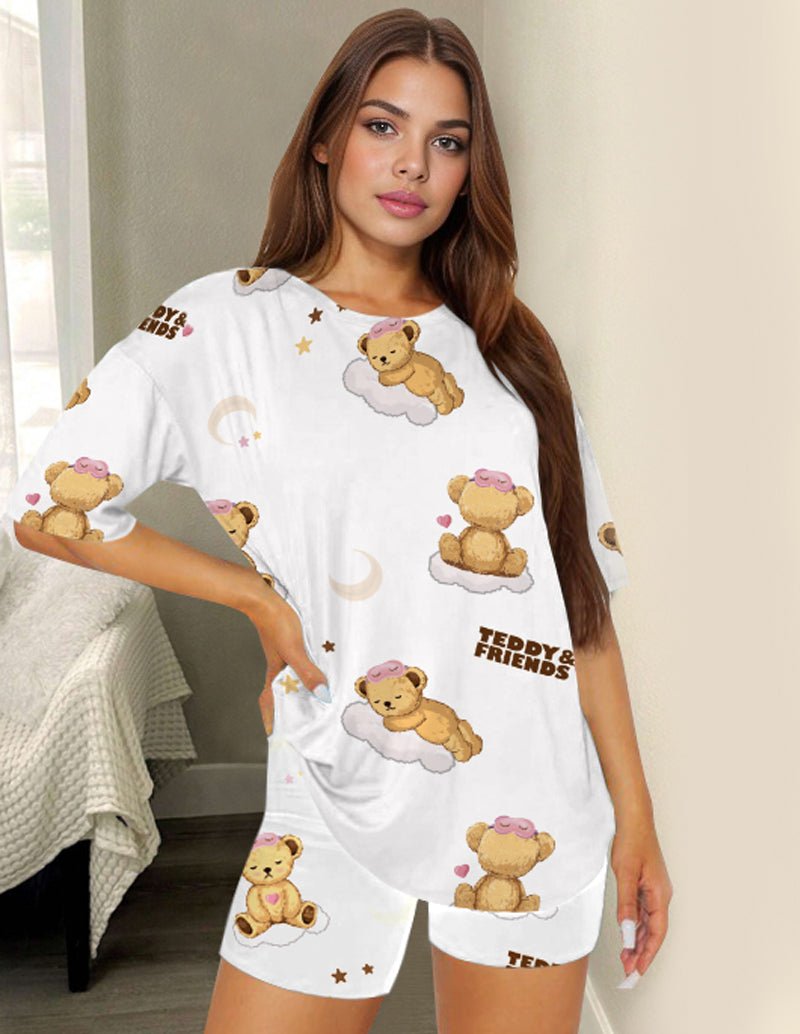 Kids teddy bear print t-shirt and shorts set, white with multicolor teddy graphics