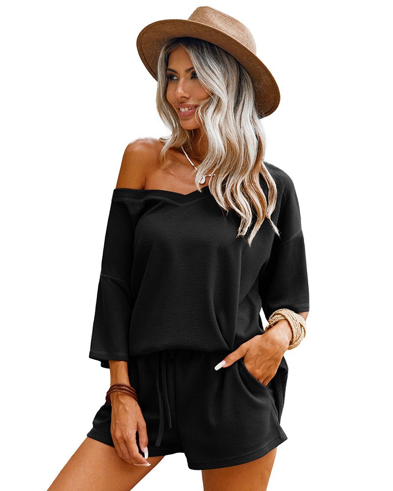 Black waffle-knit off-shoulder 2-piece: top and drawstring shorts