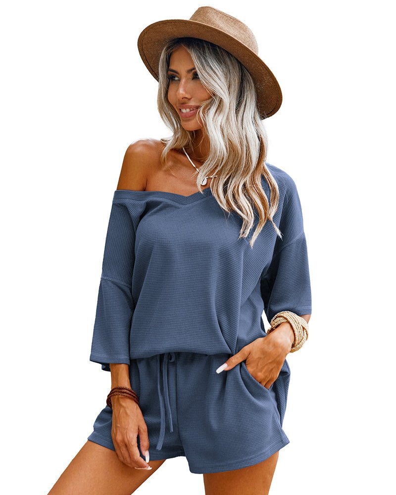 Blue waffle-knit off-shoulder 2-piece: top and drawstring shorts