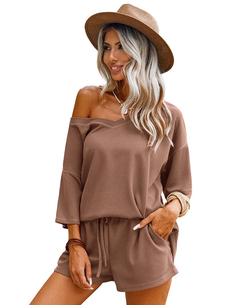 Brown waffle-knit off-shoulder 2-piece: top and drawstring shorts